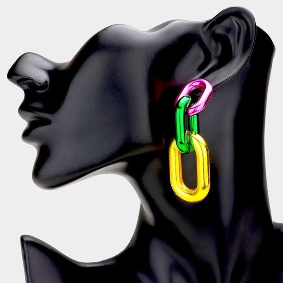 Purple, Green, Yellow Gold Mardi Gras Triple Open Oval Link Drop Earrings - Picture 1 of 2